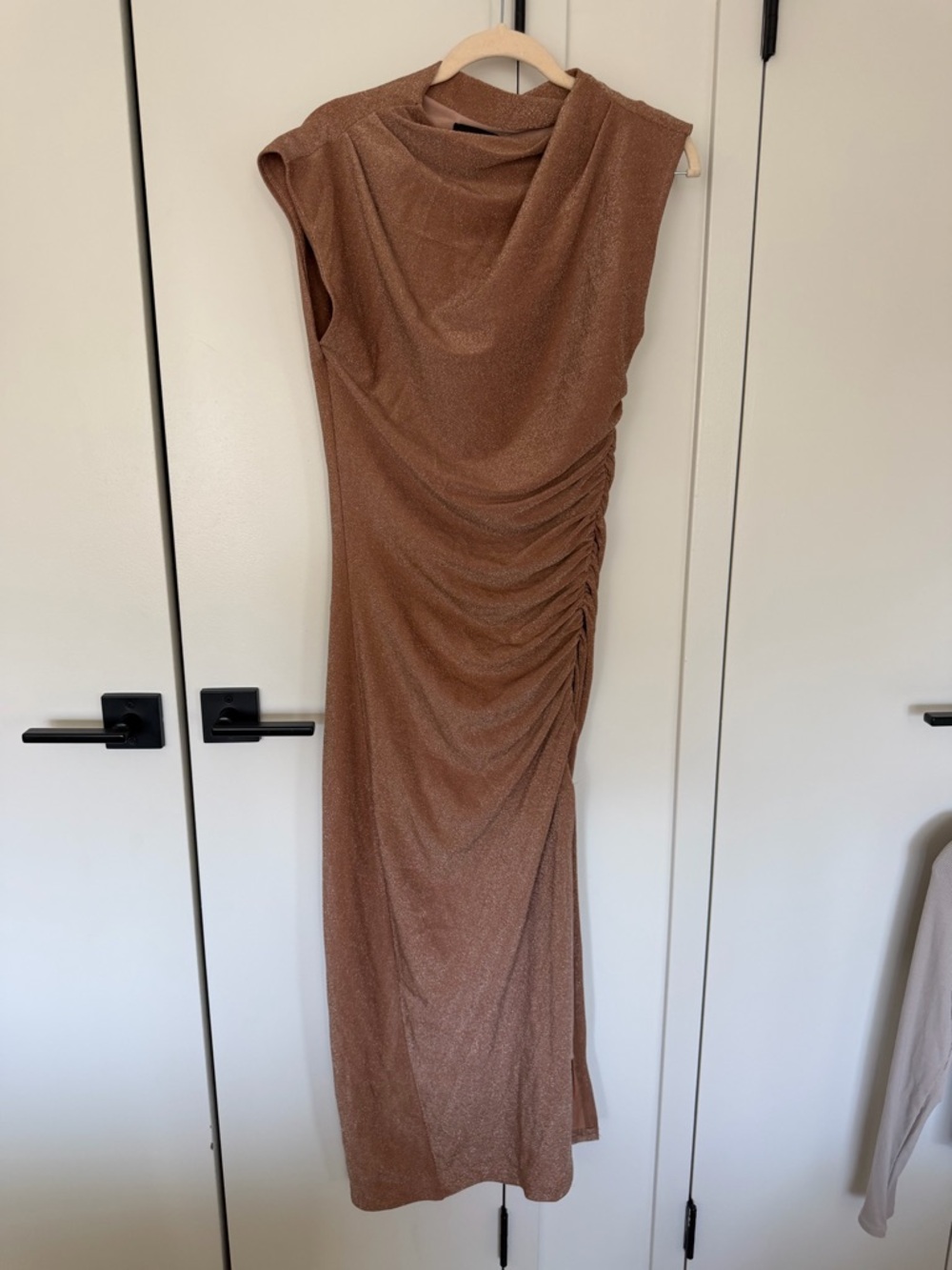 VICI Sleeveless Ruched Shimmer Maxi Pencil Dress in Bronze